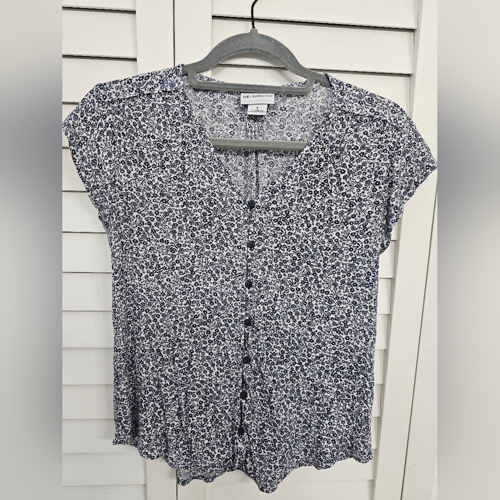 Liz Claiborne Navy and White Floral Blouse